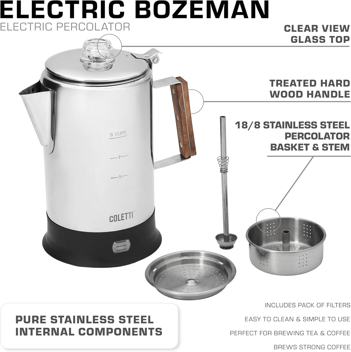 COLETTI Bozeman Electric Percolator — Percolator Coffee Pot, Coffee Percolator Electric – [9 cup, Stainless Steel]