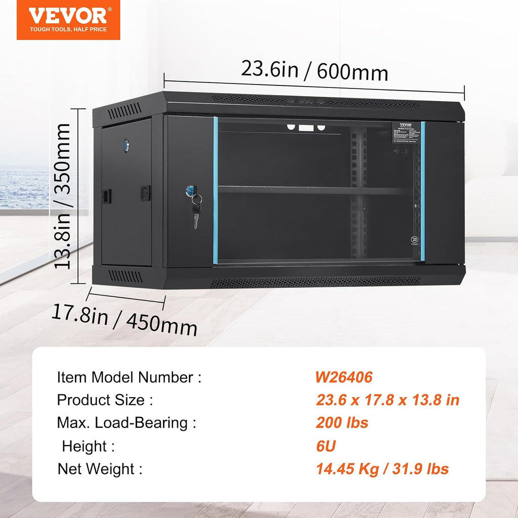 VEVOR 6U Wall Mount Network Server Cabinet, 14.8'' Deep, Server Rack Cabinet Enclosure, 200 lbs Max. Ground-Mounted Load Capacity, with Locking Glass