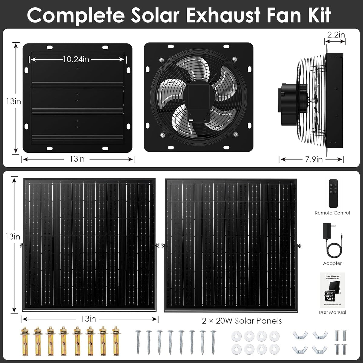 Solar Exhaust Fan with Battery & Dual Solar Panels for Greenhouse, Shed