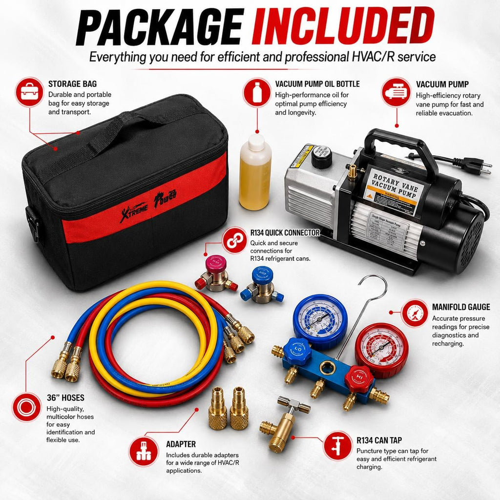 XtremepowerUS 3CFM 1/4HP Vacuum Pump HVAC R134a, R12, R22, R410a, A/C Refrigeration R134 Can Tap Adapter, R134 Quick Connector AC Manifold Gauge Air