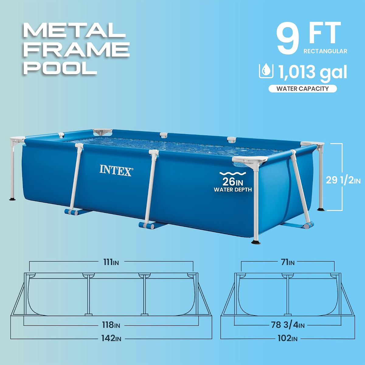 INTEX Metal Frame 9ft 10in x 6ft 6.75in x 29.5in Above Ground Swimming Pool