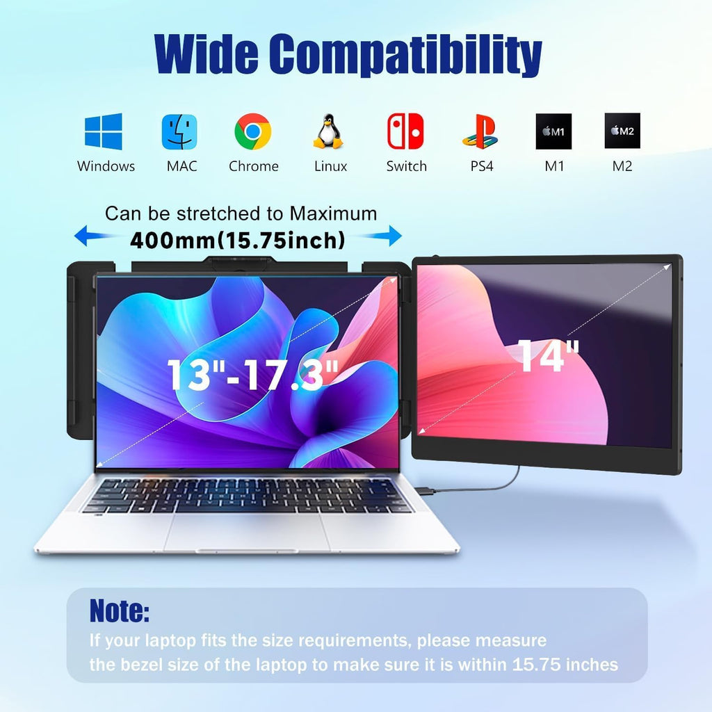 KEFEYA Laptop Screen Extender, 14" FHD 1080P IPS Laptop Monitor Extender Dual Screen, Portable Monitor for Laptops 13-17" with USB-C/HDMI Port, Plug