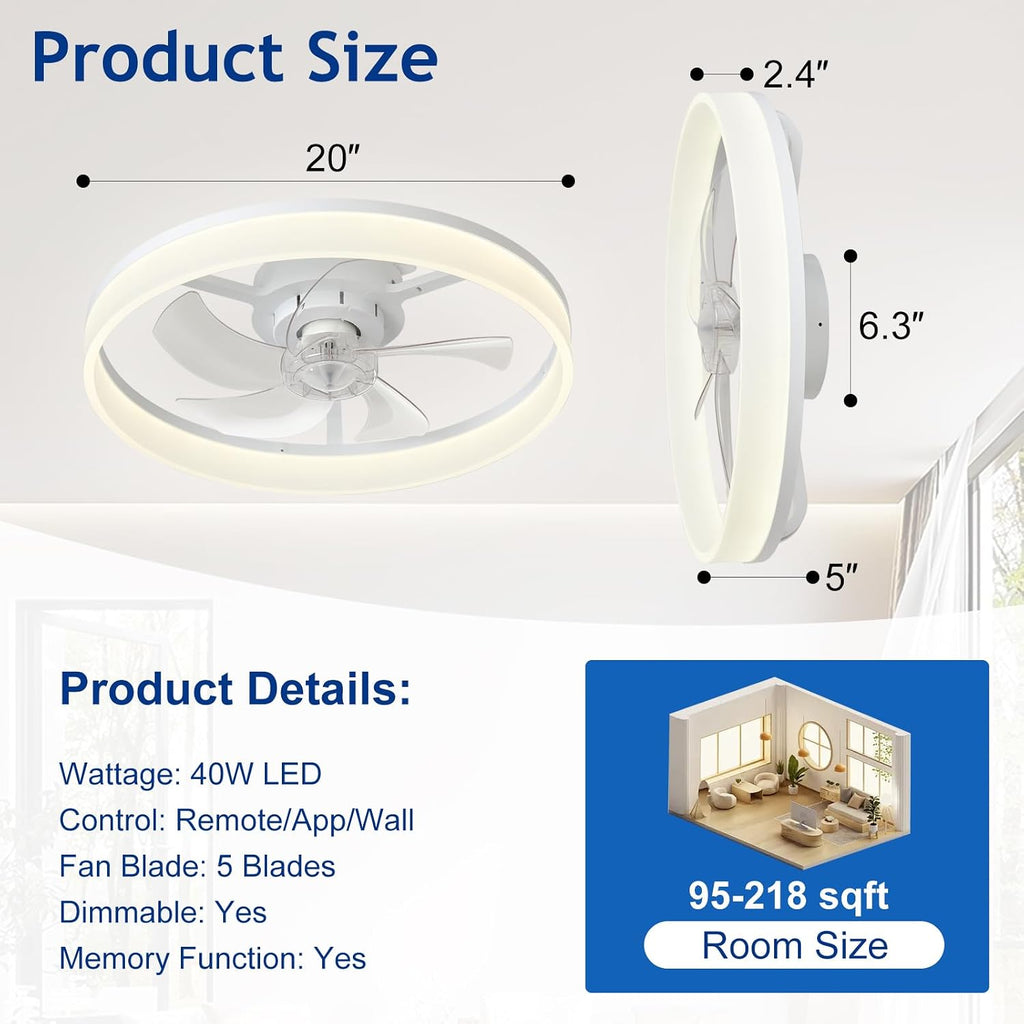 DLLT Modern Ceiling Fans with Lights: 20" Full Package Low Profile Ceiling Fan with APP Remote Control - White Flush Mount LED Bladeless Fandelier