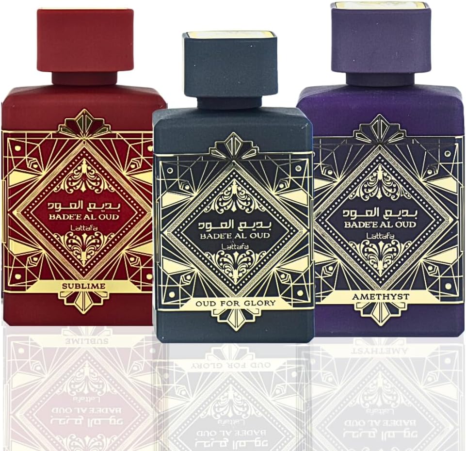 Lattafa Perfumes Bade'e Al Oud for Unisex 3 Piece Eau de Parfum Gift Set (Oud For Glory + Amethyst + Sublime) 3.4 Ounce/100 ml each