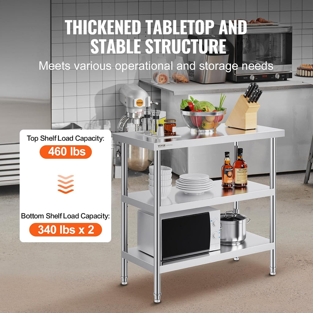 VEVOR Stainless Steel Food Prep Table, 18 x 36 x 34 Inch Commercial Kitchen Worktable, with 2 Adjustable Undershelf, Heavy Duty Prep Metal Work Table