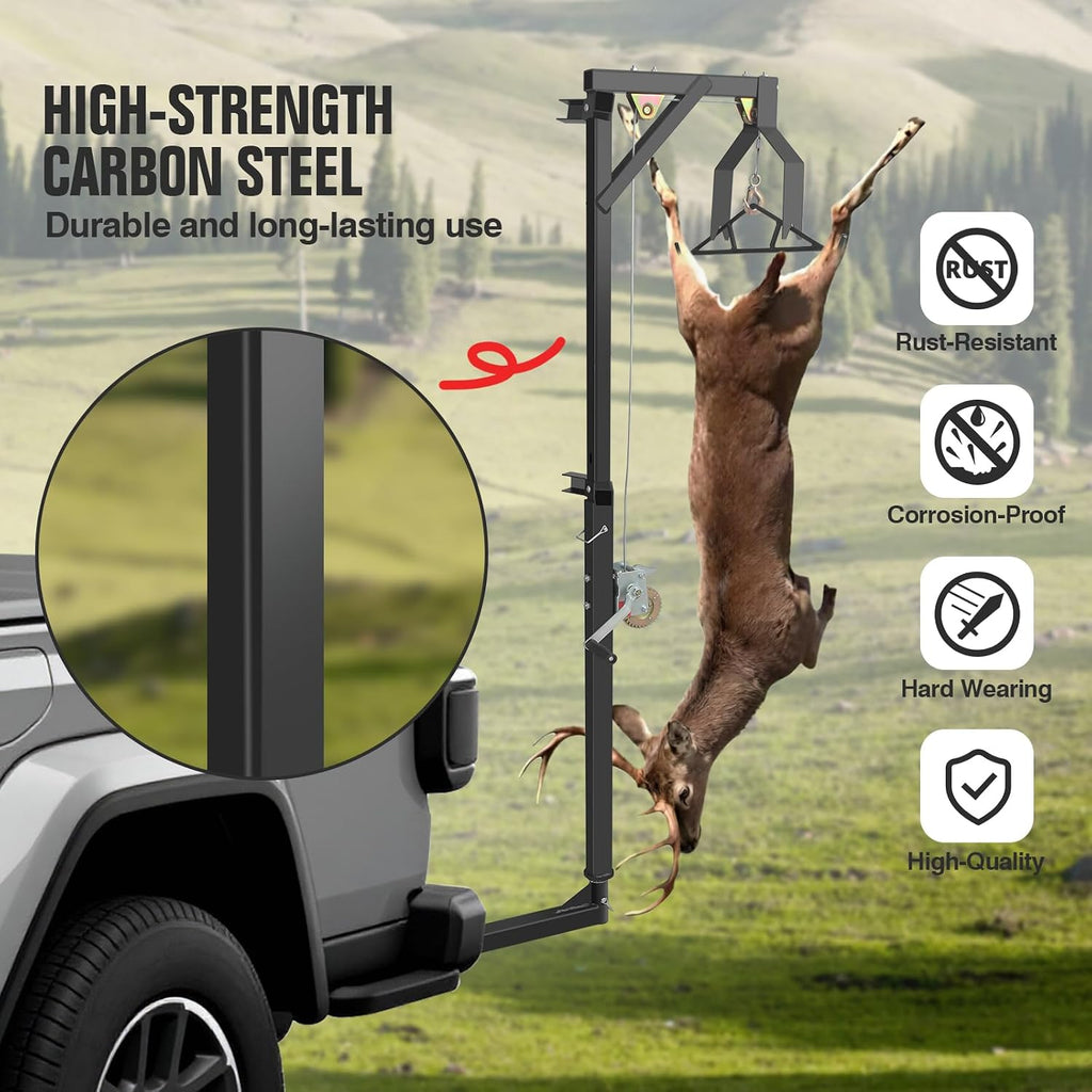 2" Hitch Mounted Deer Hanger, 600LBS Capacity, with 2 Size Gambrels and Winch, Hunting Game Hoist Truck Hitch 360 Degrees Swivel Mounted