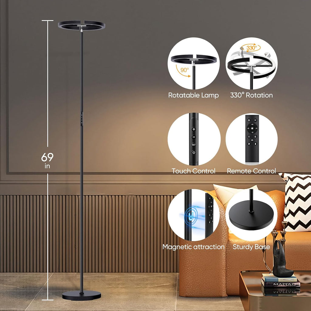 LED Floor Lamp - Dimmable Tall Standing Lamp with Remote Control/Button, 3000-6500K, 22W Modern Floor Reading Light, Uplighter Corner Floor Lamp for