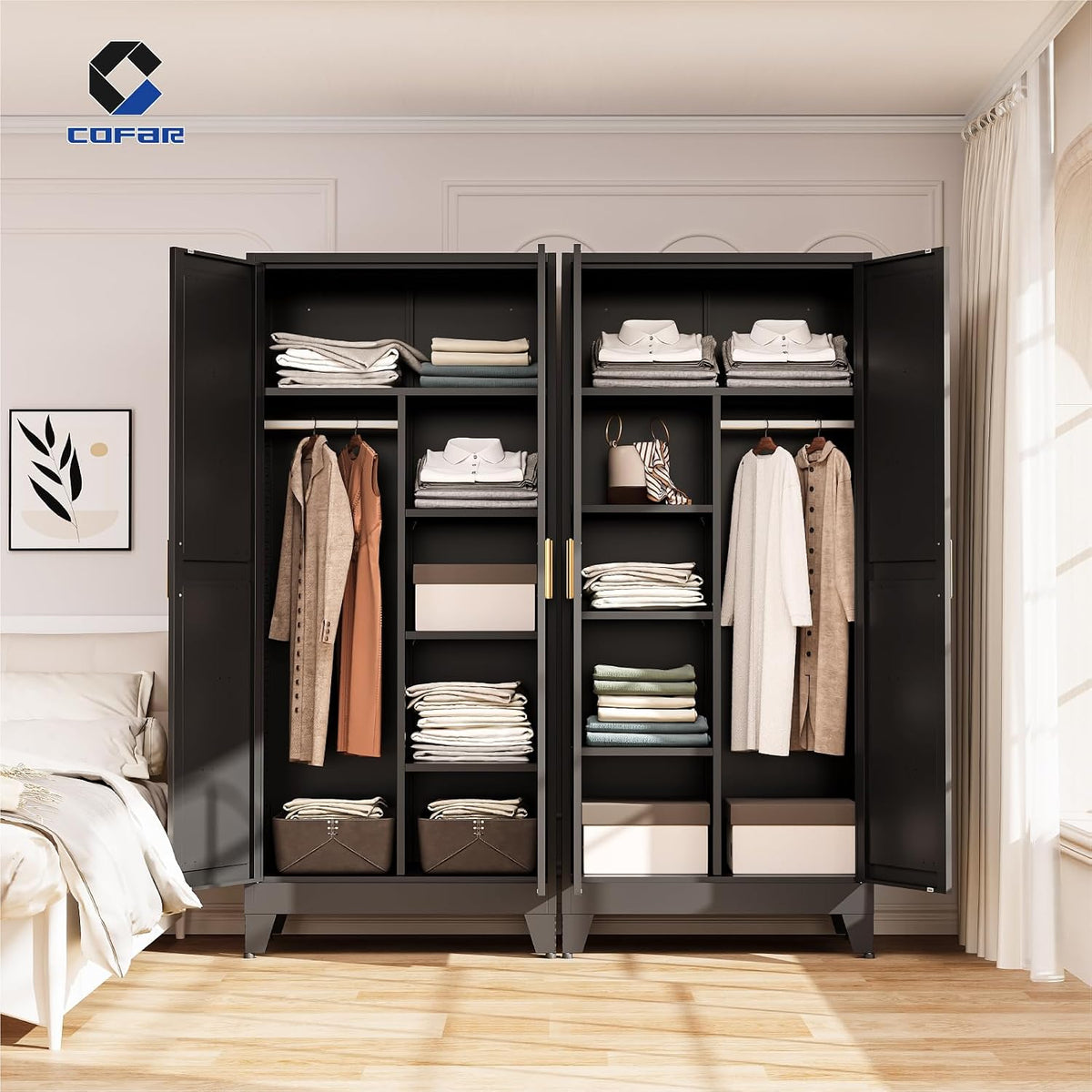 COFaR Wardrobe Closet with Doors, Metal Bedroom Armoire with Adjustable Hanging Rod and Shelves, Farmhouse Broom Closet Storage Cabinet for Garage