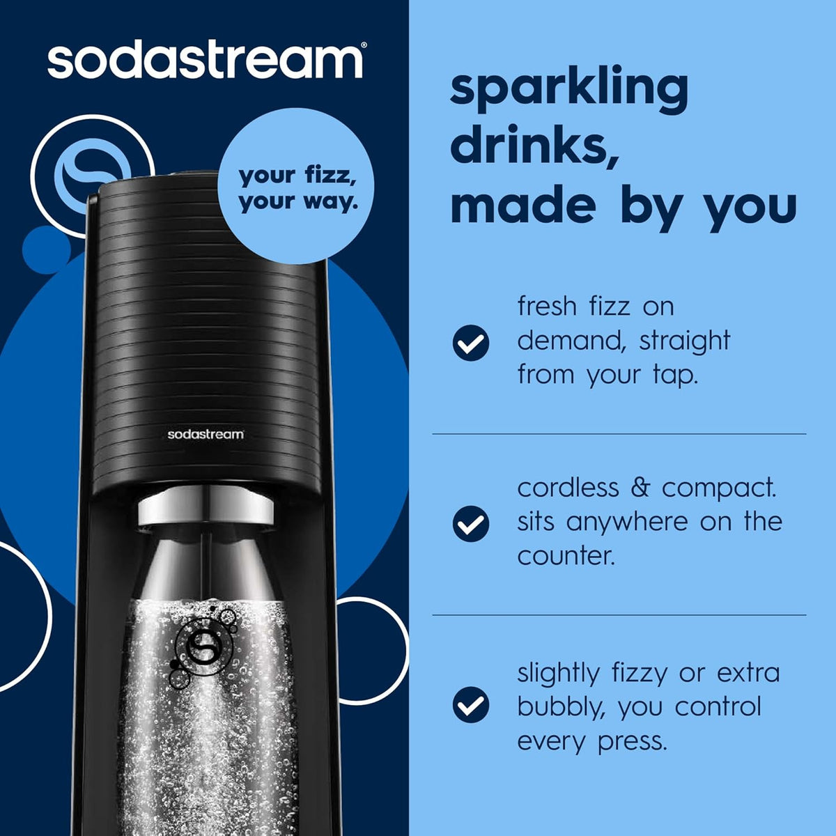 SodaStream TERRA Sparkling Water Maker, Value Bundle, CQC CO2 System, Includes 2 Quick Connect 60L CO2 Cylinders, 3 Dishwasher Safe BPA Free Bottles