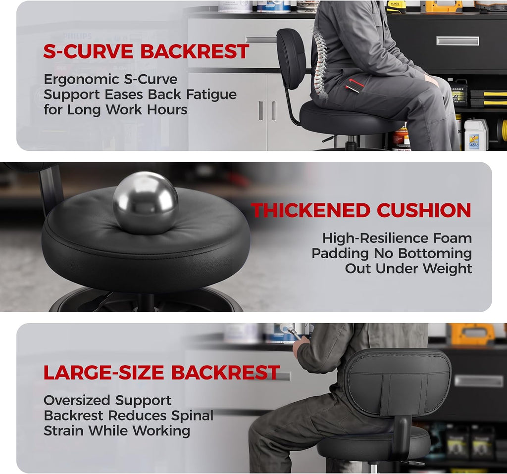 Upgrade Rolling Shop Stool with Wheels for Garage, Adjustable Height Heavy Duty Garage Stool with Double Storage Tray, Mechanic Stool Chair with