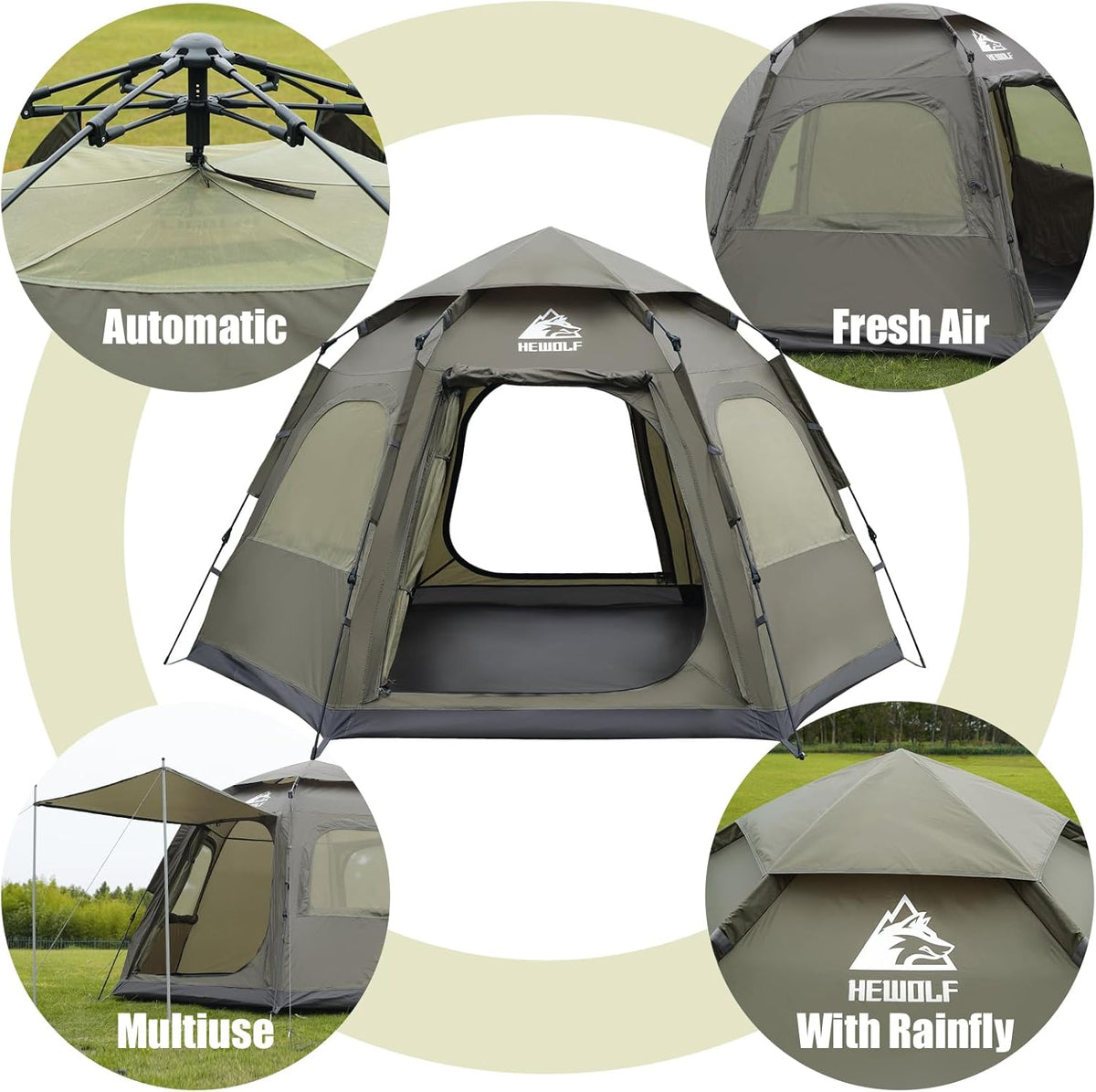Hewolf 2/3/4 Person Camping Tent - Instant Pop Up Waterproof 2 Doors Tent with Easy Setup | 3-Season Hexagonal Dome Design for Family, Hiking &