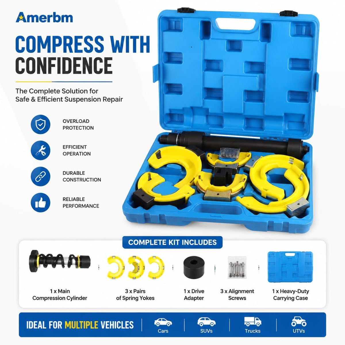 MacPherson Strut Spring Compressor Tool, Impact Wrench Rated, 3 Fork Sizes