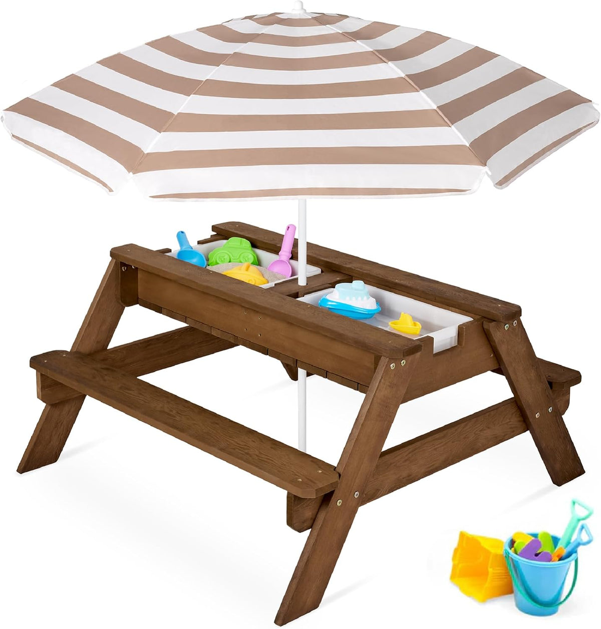 Best Choice Products Kids Picnic Table with Umbrella & Sensory Bins, Beige