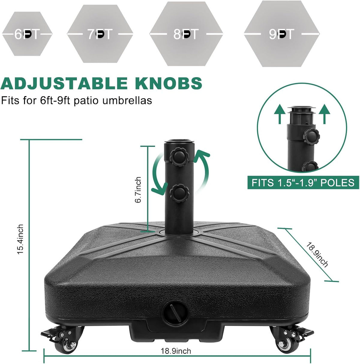 Patio Umbrella Base Heavy Duty with Wheels Square Market Stand for Outdoor 4 Locks 2 Knobs 125lb Capacity, Black