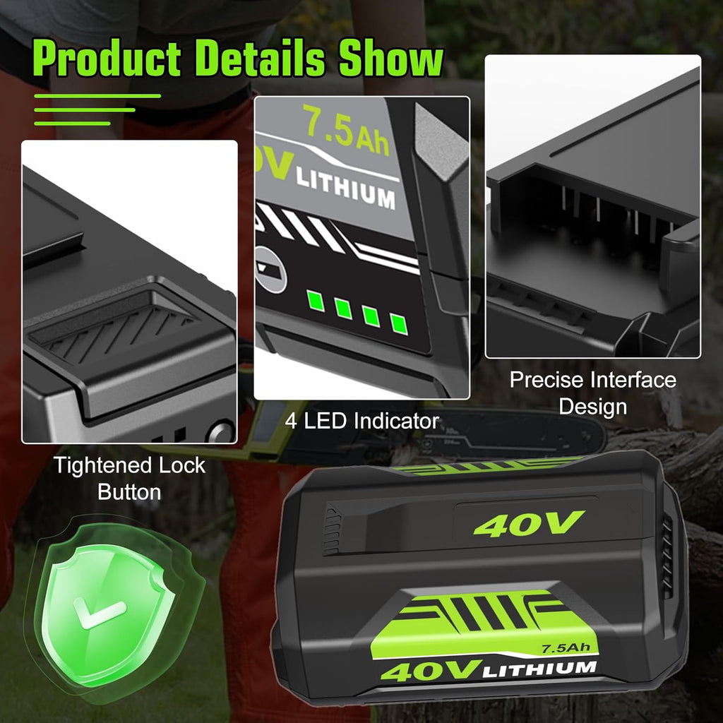 2 Pack 7500mAh Replacement for Ryobi 40V Battery OP4075A and Charger Bundle