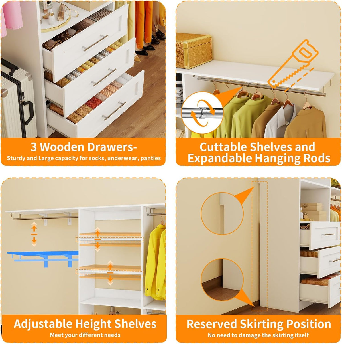 Closet System with 3 Wood Drawers, 5-7.61FT Closet Organizer System with Cuttable Shelves for Walk in Closet with 3 Expandable Hanging Rods, Heavy