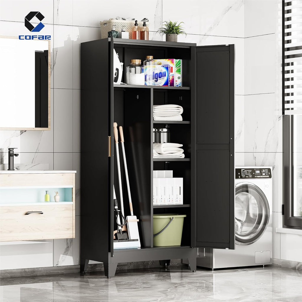 COFaR Wardrobe Closet with Doors, Metal Bedroom Armoire with Adjustable Hanging Rod and Shelves, Farmhouse Broom Closet Storage Cabinet for Garage