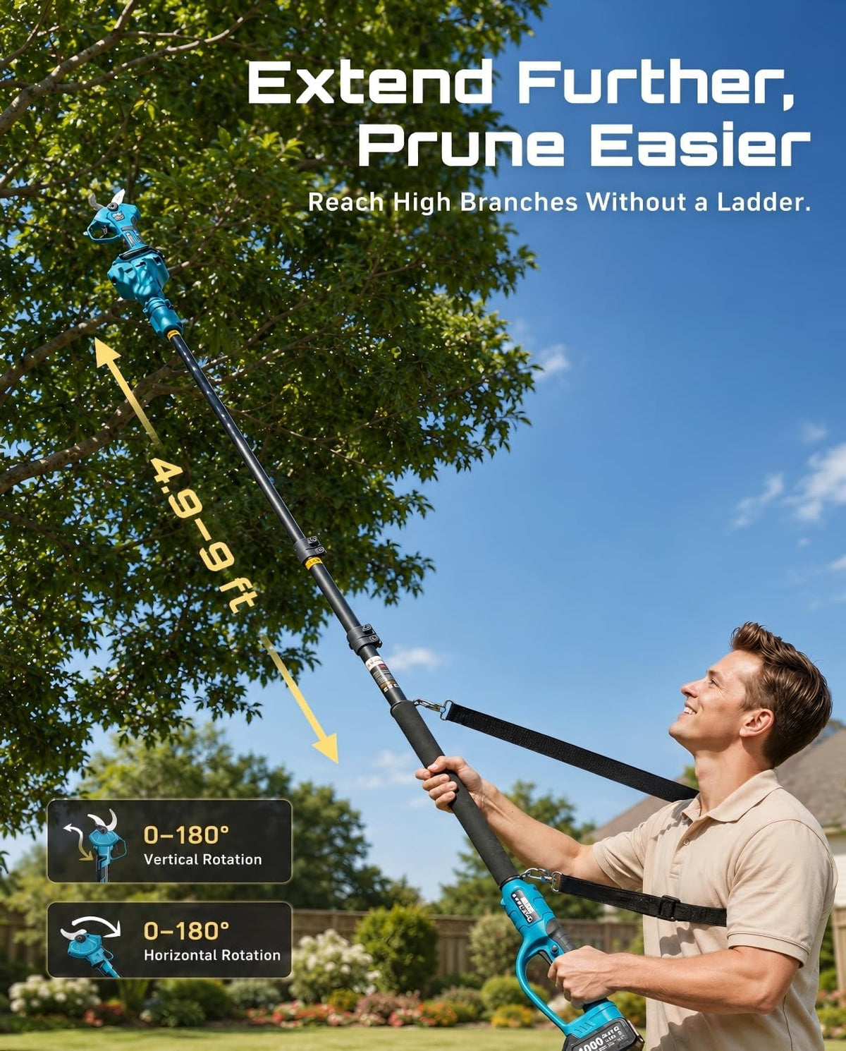 SEESII 2-in-1 Pole Pruning Shears, 1.6" Cutting Diameter Cordless Electric Pole Pruners, Brushless Motor, Dual 4.0Ah Batteries, Extra SK5 Blade, 4