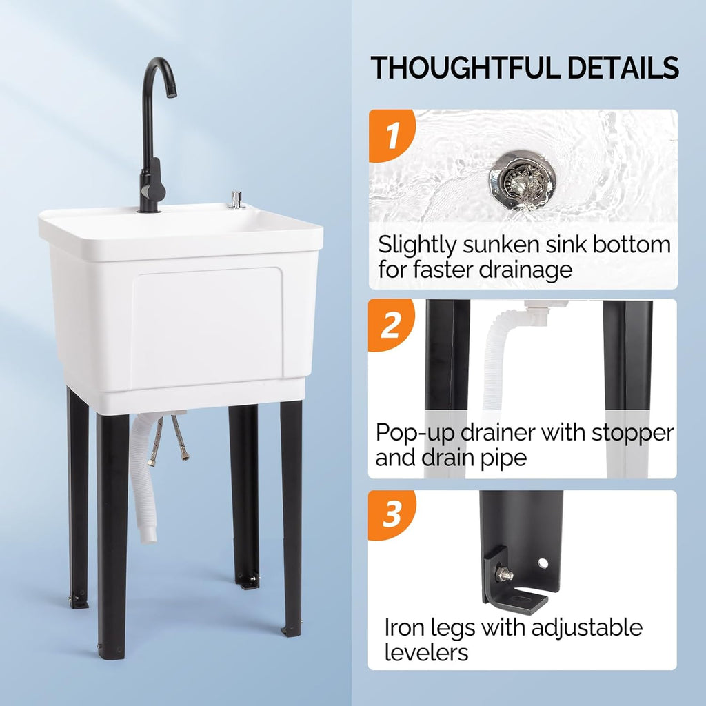 VINGLI 13-Gallon Utility Sink Laundry Tub for Washing Room, Freestanding Utility Sink with Stainless Steel Faucet, (White, 19.7"W x 18.9"D x 33"H)
