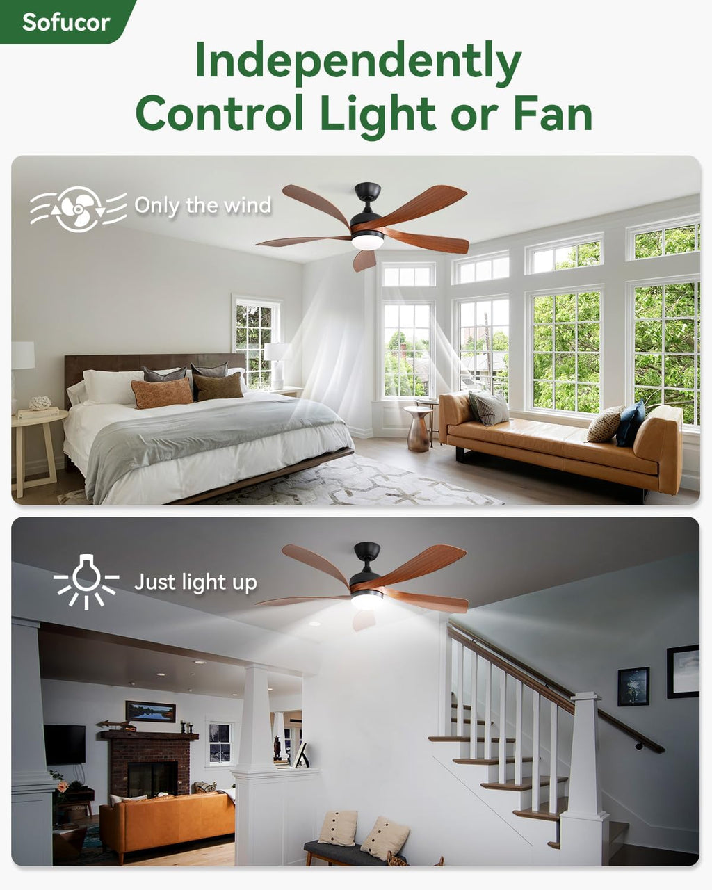 Sofucor 52 Inch Smart Modern Ceiling Fan with Light Indoor/Outdoor Brown | Alexa/Google Assistant/APP/Remote Control, Reversible DC Motor, Timer, 6