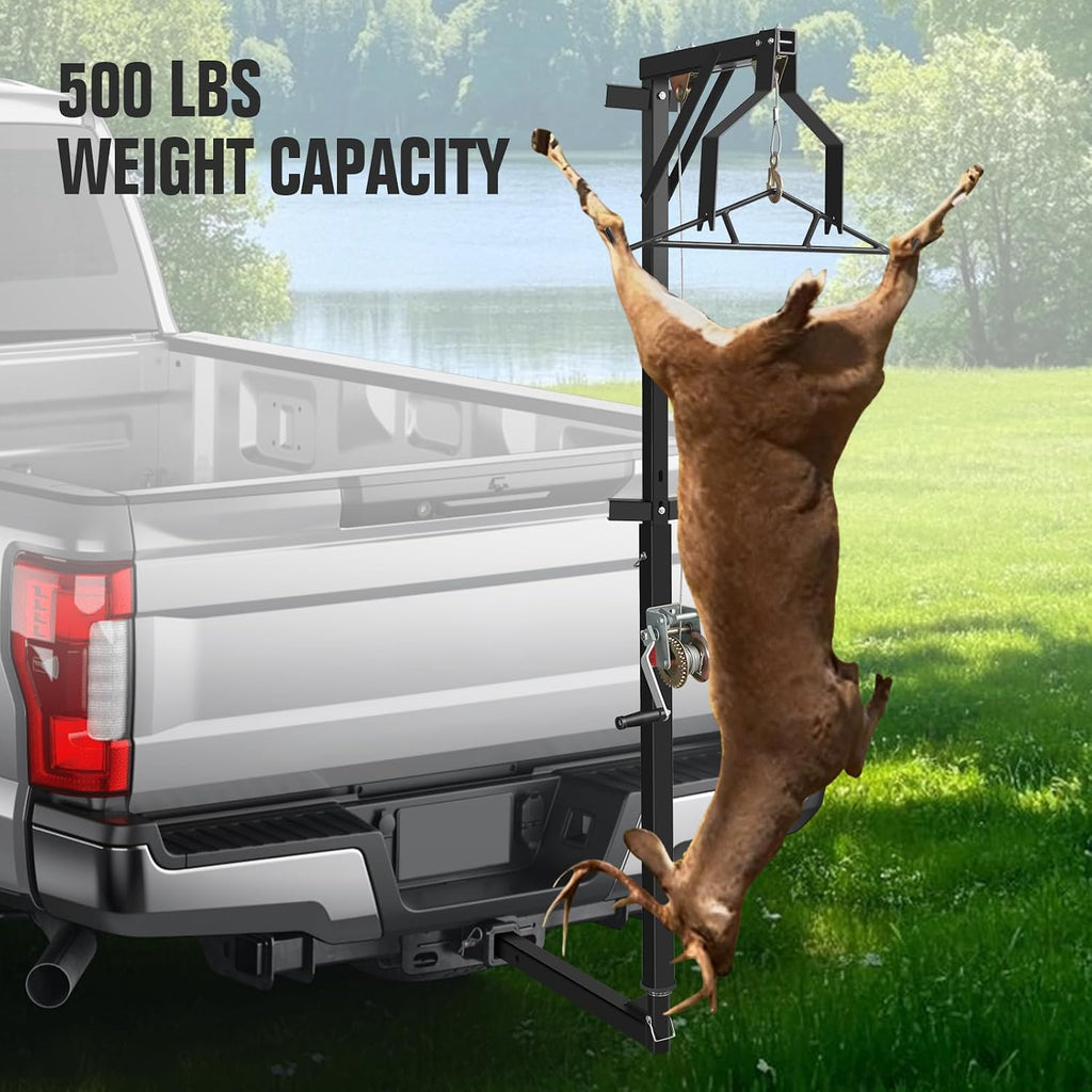 2" Hitch Mounted Deer Hanger, 600LBS Capacity, with 2 Size Gambrels and Winch, Hunting Game Hoist Truck Hitch 360 Degrees Swivel Mounted