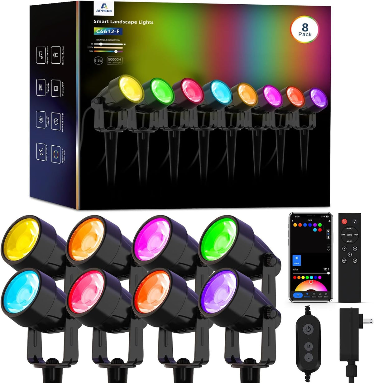 Landscape Lighting, RGBW Spotlights with APP Control,8 Pack