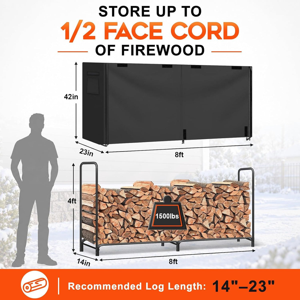 8FT Firewood Rack Outdoor with Cover, Large Wood Storage Rack
