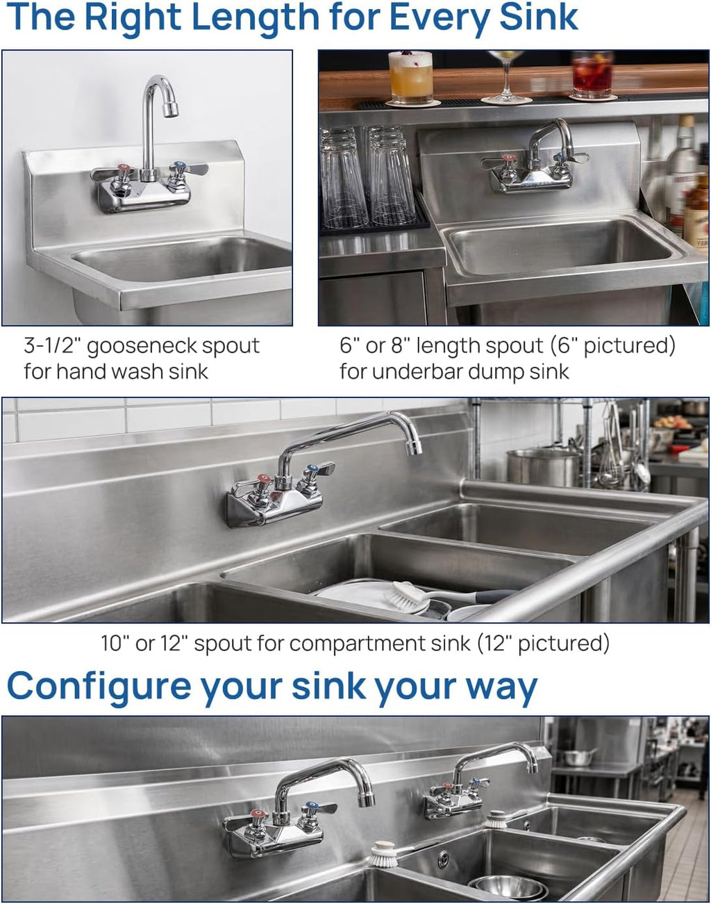 Commercial Hand Sink Faucet 4" Center Wall Mount, 3-1/2" Gooseneck