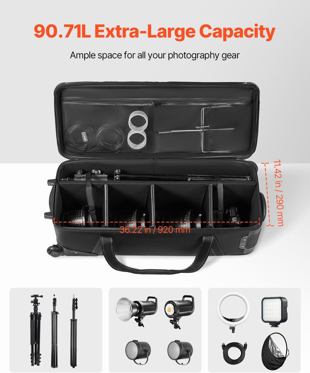 VEVOR Studio Equipment Trolley Case, 39.37 x 14.96 x 12.60 in / 100 x 38 x 32 cm, Rolling Camera Bag, Carrying Bag with Wheels Straps Padded