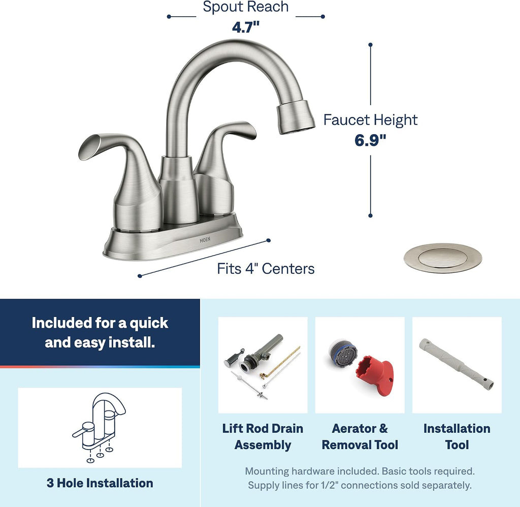 Moen Idora Centerset Bathroom Faucet, Spot Resist Nickel, 84115SRN