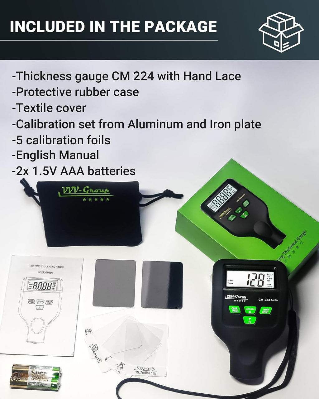 Paint Thickness Gauge CM-224 Auto – Digital Coating Thickness Meter for Cars and Automotive Inspection, Fe / Al / Fe+Zn Detection, 0.1 μm Resolution