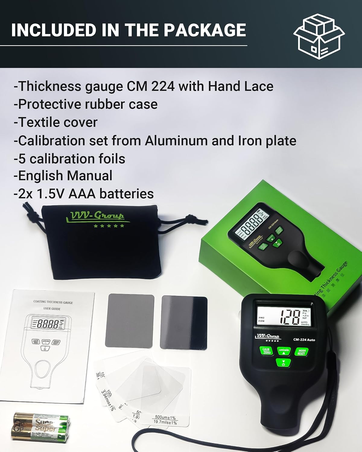 Paint Thickness Gauge CM-224 Auto – Digital Coating Thickness Meter for Cars and Automotive Inspection, Fe / Al / Fe+Zn Detection, 0.1 μm Resolution