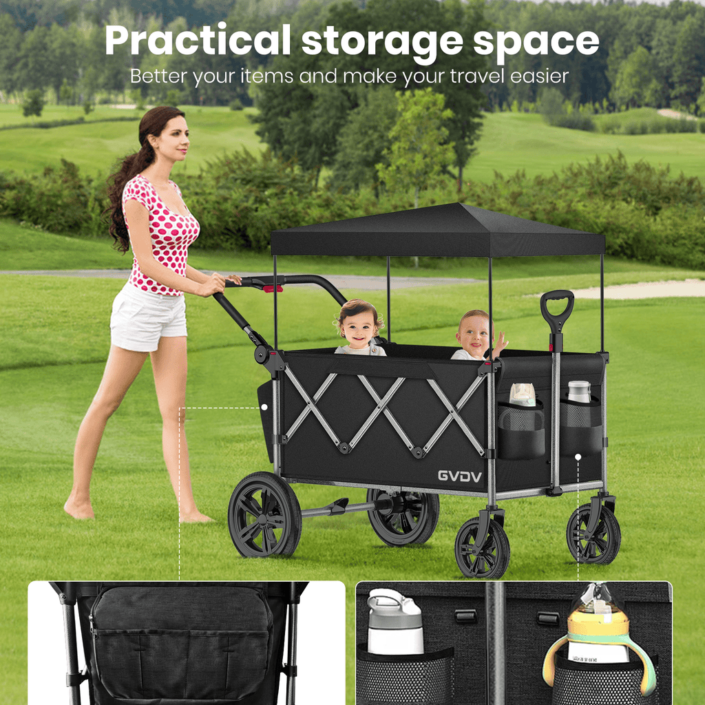 GVDV Wagon Stroller for Kids, 3-in-1 Collapsible Double Stroller Wagon for Toddlers with Removable Canopy, 5-Point Harness, Pull & Push Handle and