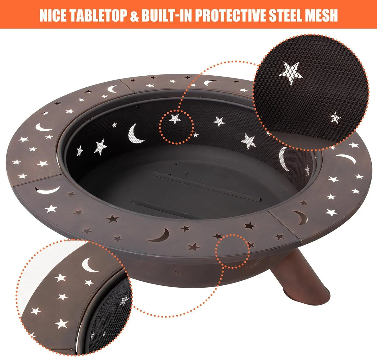 SUNCREAT 42-Inch Wood Burning Patio Fire Pit, Black, 42.1 Inch Diameter x 25.2 Inch High