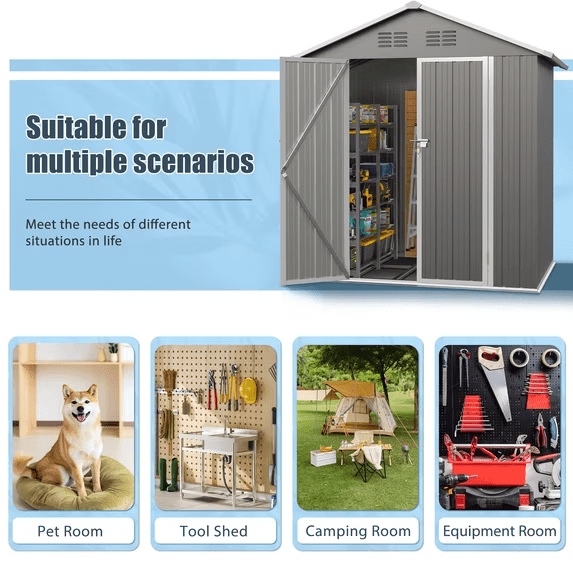 6' x 4' Outdoor Storage Shed with Base, ENYOPRO Galvanized Metal Garden Tool Shed with Lockable Double Doors, Sloped Roof & Vent for Backyard Patio