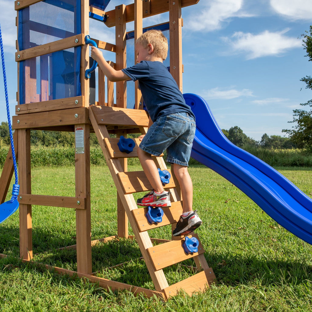 Backyard Discovery Aurora Cedar Wood Swing Set, Wave Slide, Play Deck, Rock Wall Ladder