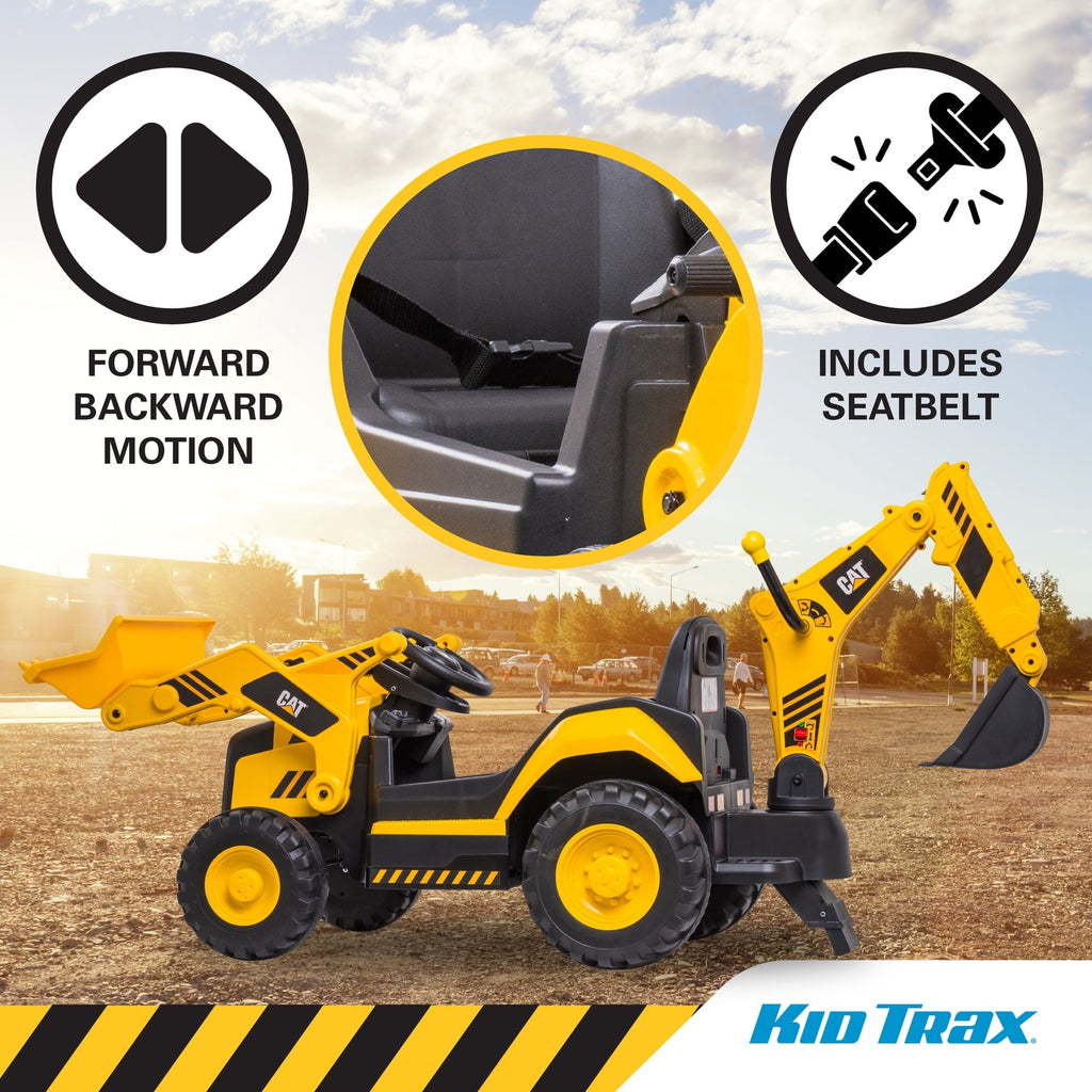 Kid Trax 12V CAT Backhoe Loader Ride-On Excavator with Working Loaders, MP3, Real Sounds, Ages 36
