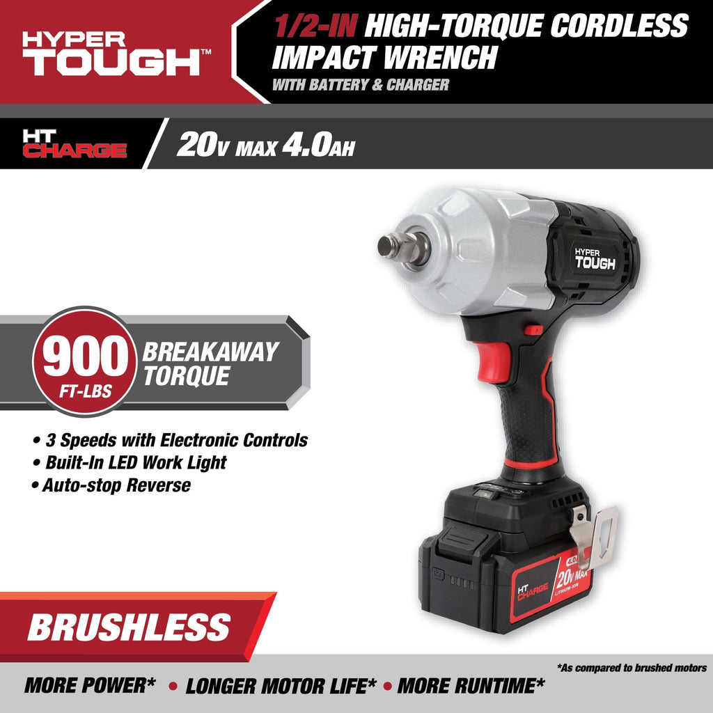 Hyper Tough 20V Max Brushless 1/2 in High-Torque Cordless Impact Wrench with 4 Ah Lithium-Ion Battery and Charger