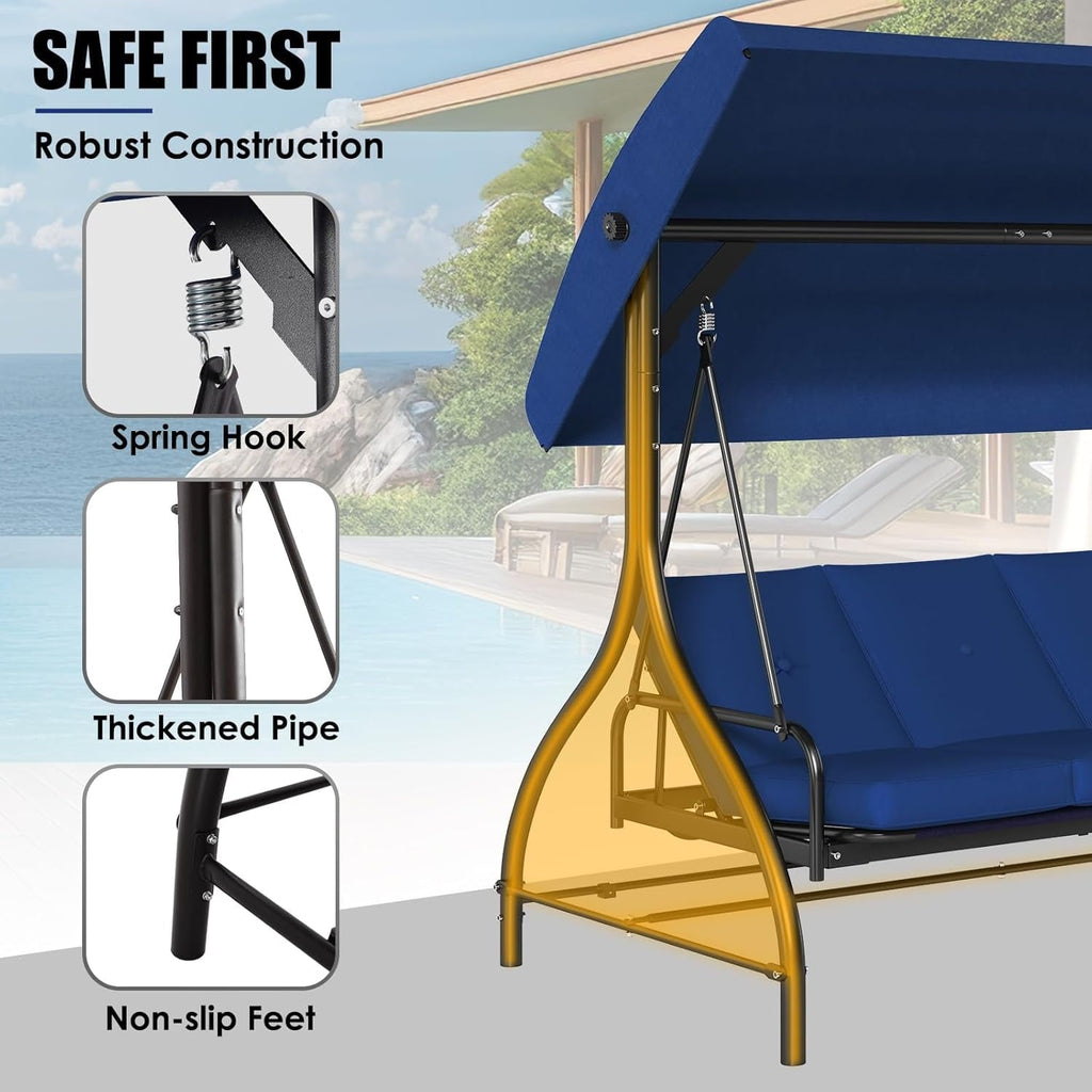 Arlopu 3-Seat Patio Swing Chair, Outdoor Converting Canopy Swing Glider Patio Hammock w/ Removable Cushions, Blue