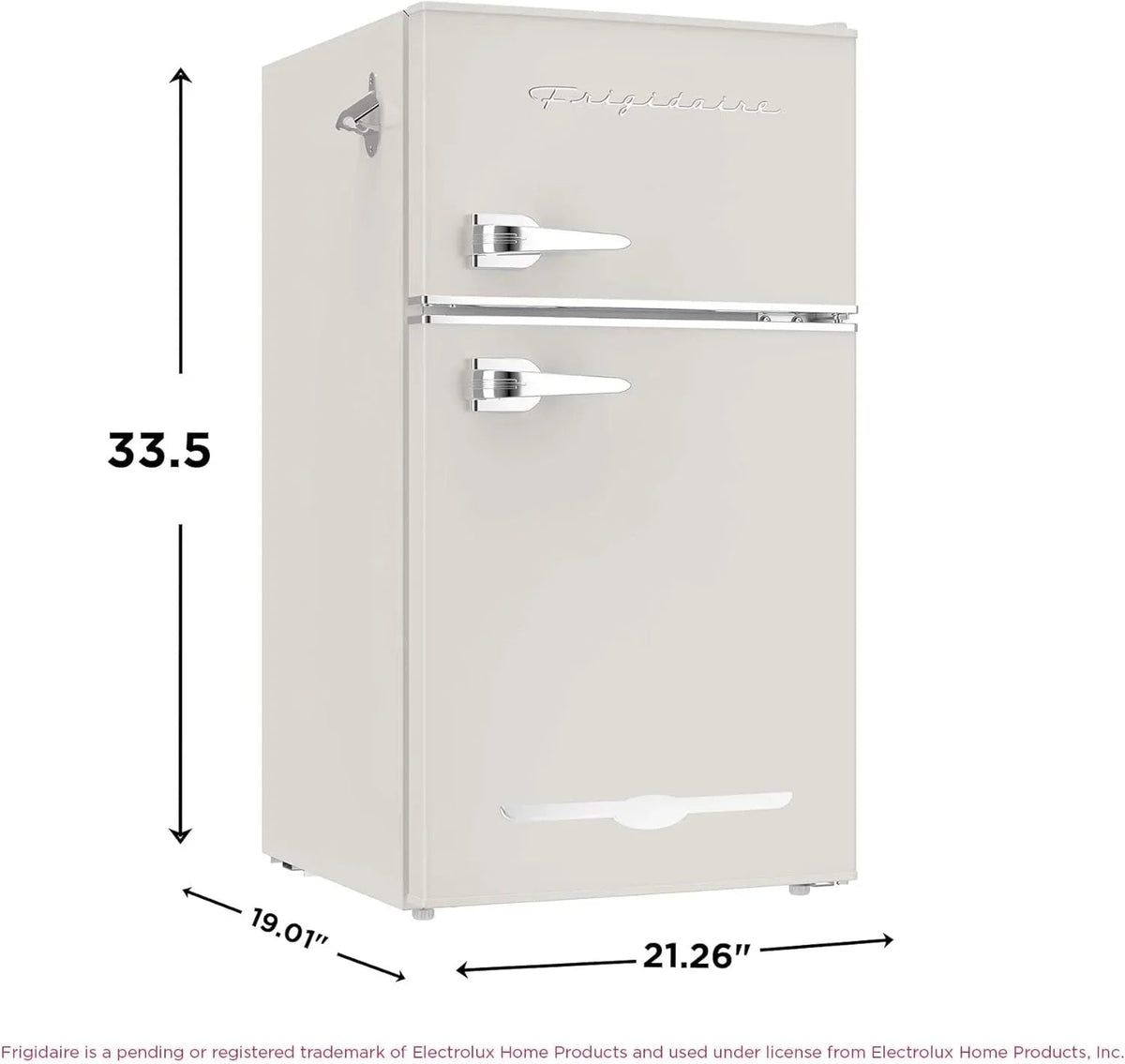 Frigidaire Retro 2 Door Mini Refrigerator With Freezer And Side Bottle Opener, 3.1 Cu Ft, 19in D x 20.5in W x 33.5in H