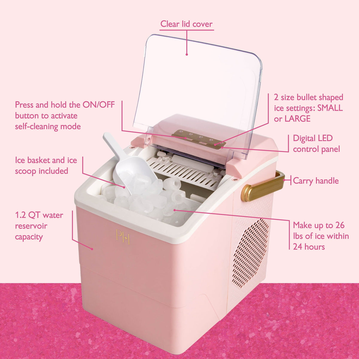 Paris Hilton Portable Ice Maker, Compact Countertop Ice Machine with Scoop, 26 lbs/Day, Pink