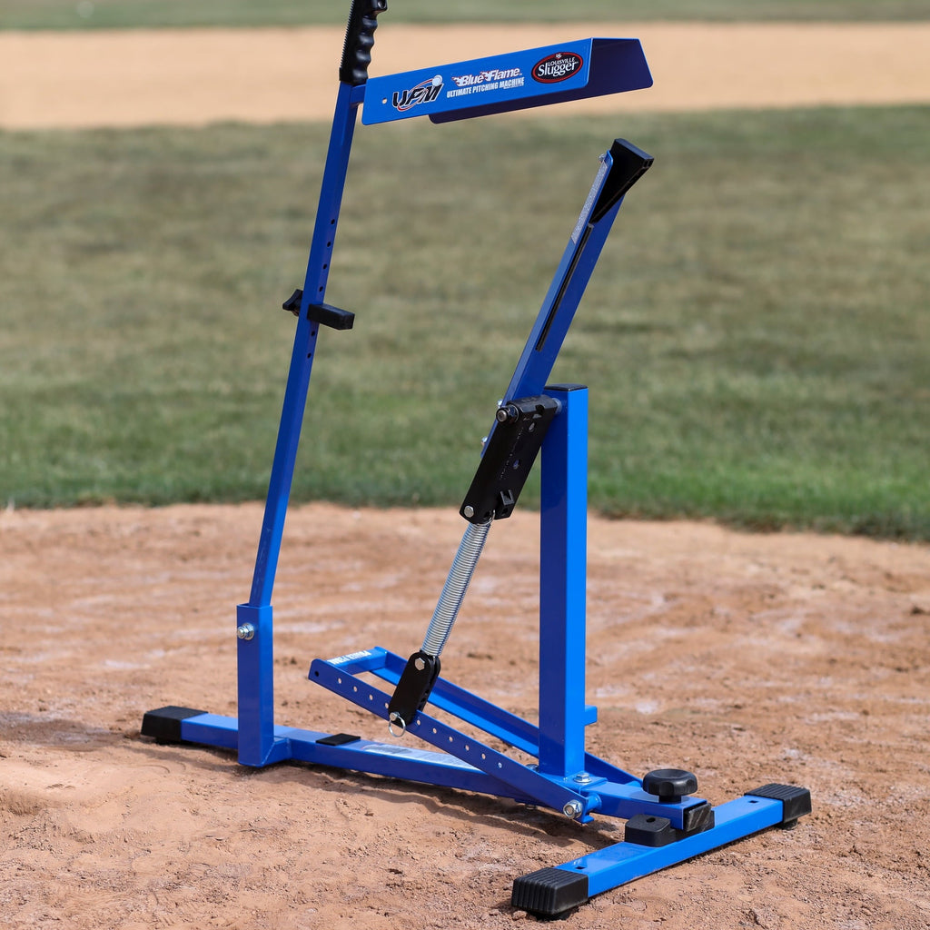 Louisville Slugger Blue Flame Pitching Machine – Manual Baseball & Softball Trainer, Throws Up to 60 MPH, Youth & Adult Practice Tool