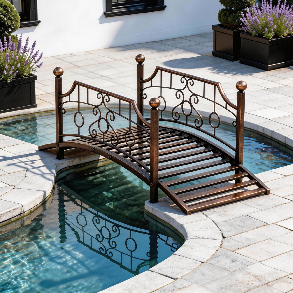 Ktaxon 3.3ft Wrought Iron Garden Footbridge with Flat Top Railings & Spherical Finials, Ornamental Pond Bridge for Yard Antique Bronze