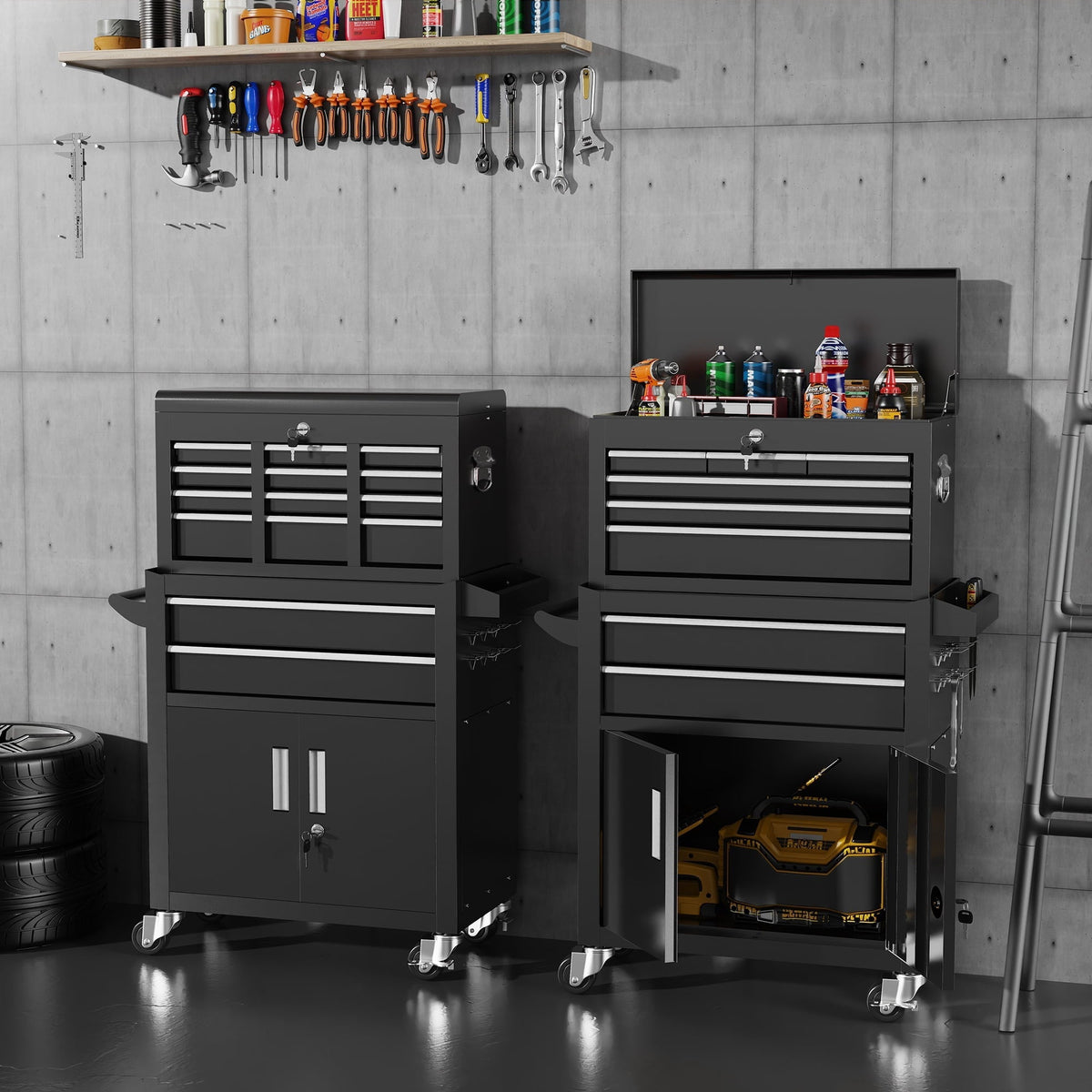 Seizeen 2-IN-1 Tool Box & Cabinet, Large Capacity 8-Drawer Rolling Tool Chest Organizer with Wheels Lockable, Black Metal Tool Cart Garage Storage