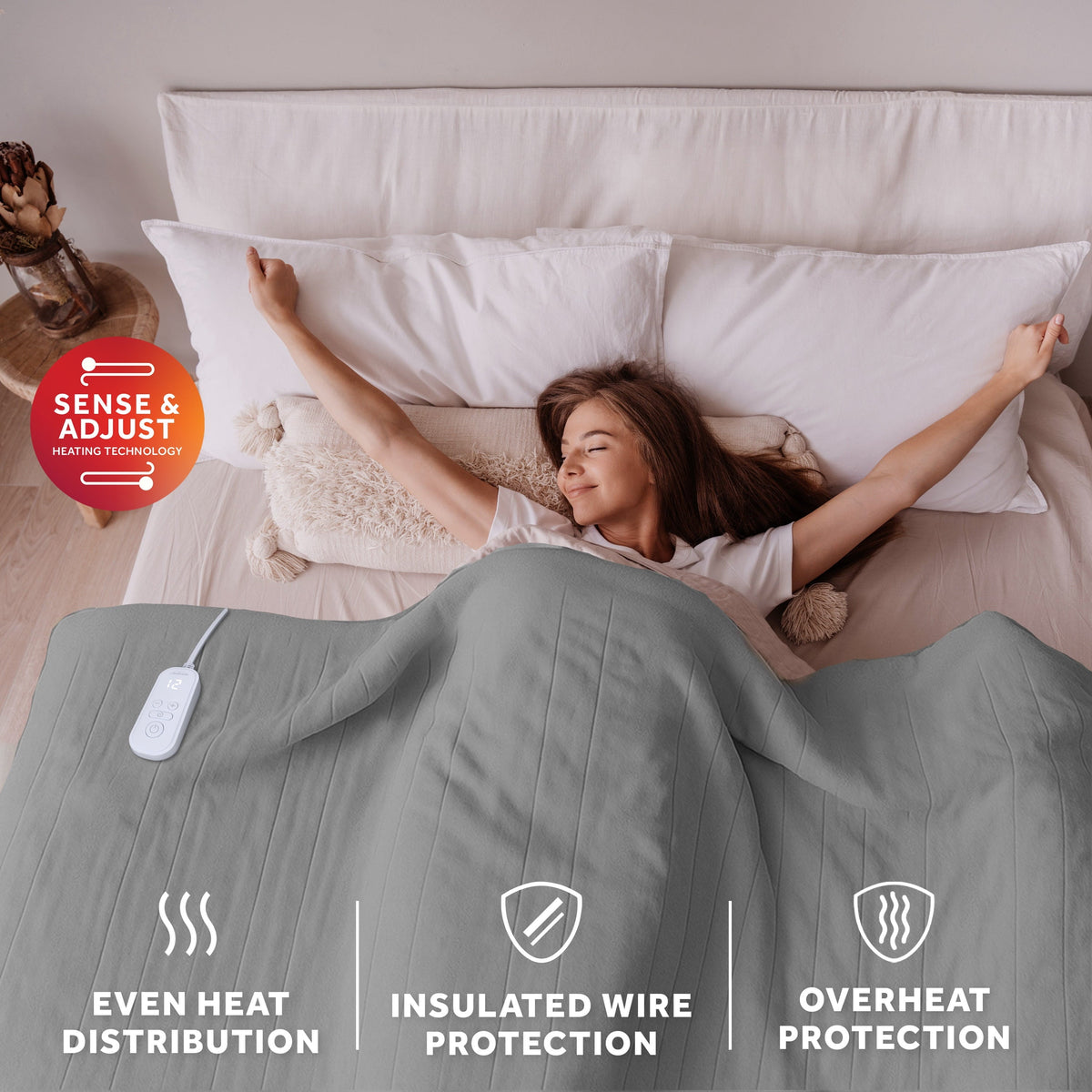 Sunbeam Heated Electric Brushed Fleece Bed Blanket, Gray, Twin Size, 12 Heat Settings, 62 x 84 in