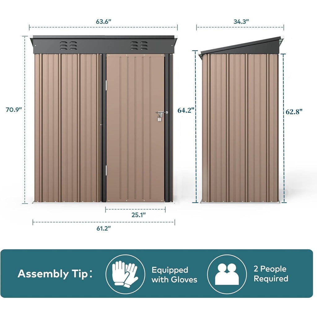 Asofer Outdoor Metal Storage Shed, 5' x 3' ft Lockable Single Door Garden Tool Shed, Brown for Backyard Patio