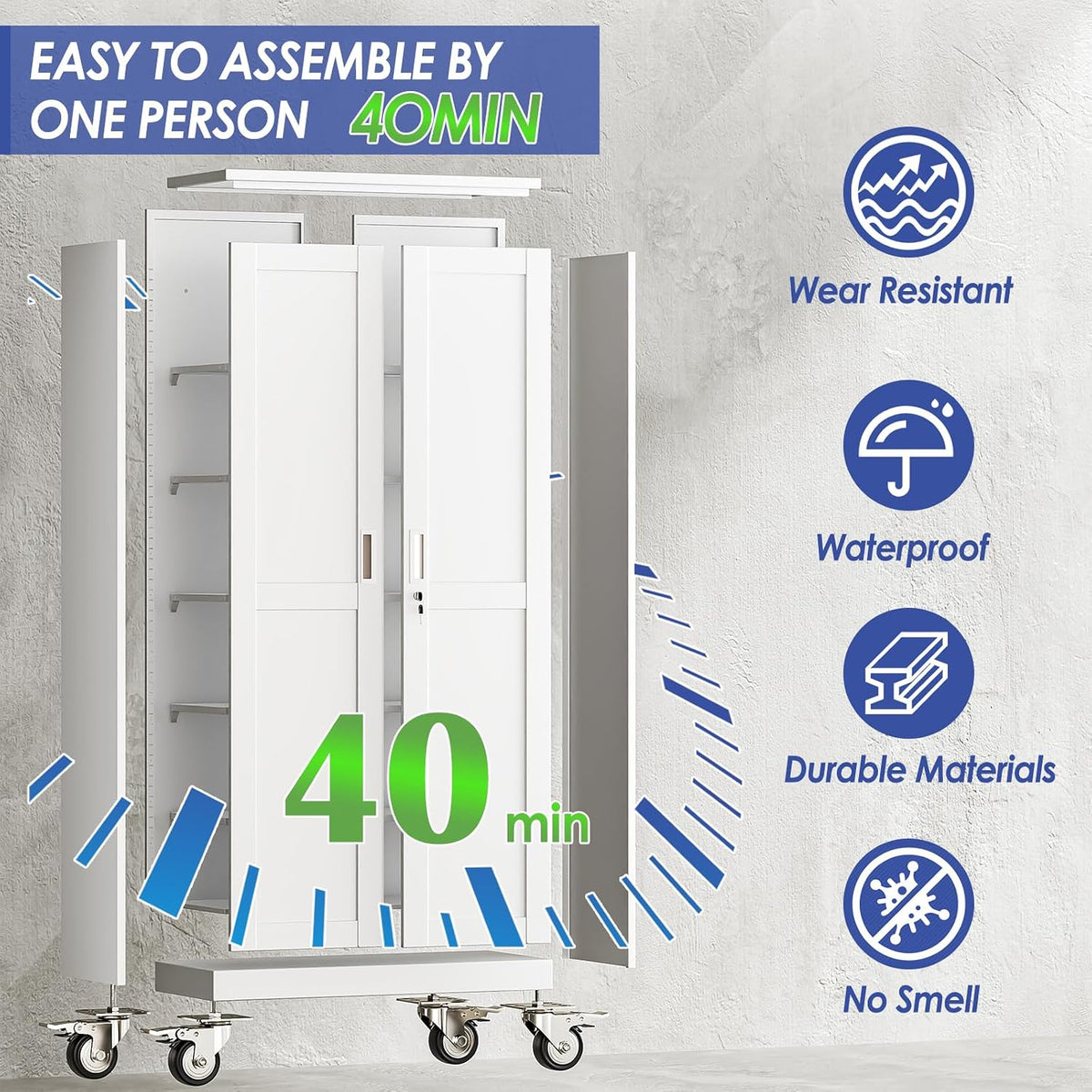 71" Metal Garage Storage Cabinet with Wheels and Locking Doors and Tall Rolling Steel Tool Cabinet with 4 Adjustable Shelves for Garage,Home,Office