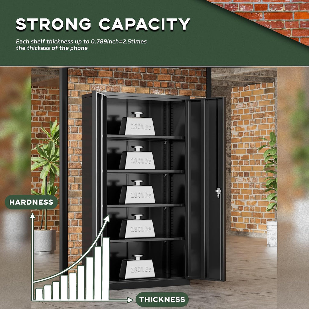 72" H Metal Storage Cabinet, 36" W x 18" D Black Locking Metal Garage Storage Cabinet with Doors and 4 Adjustable Shelves, Lockable Steel Cabinets