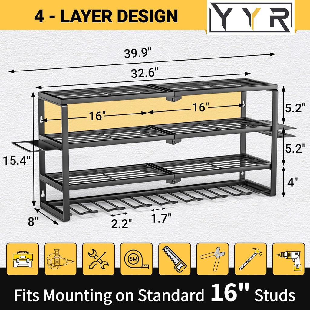 4 Layer Power Tool Organizer Wall Mount, Cordless Drill Hanger Storage Rack, Battery Tools Holder with Charging Station Shelf for Garage Organization