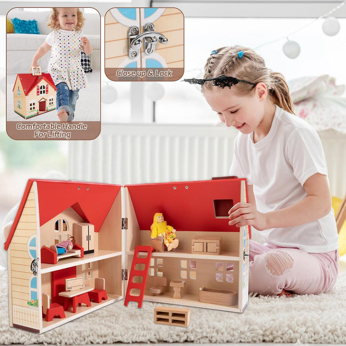 WOODMAM Foldable Wooden Dollhouse with Furniture for Pretend Play